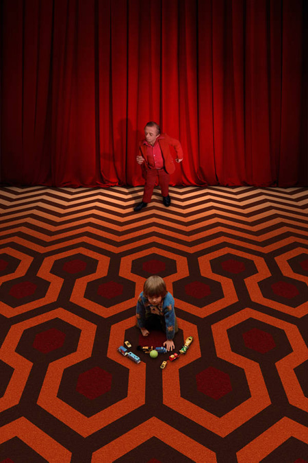 Red curtain, dancing little man, and zigzag floor from Twin Peaks transitions into the young boy and hexagonal floor from The Shining